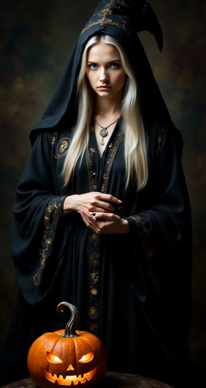 Ultra realistic portrait of a female witch, long straight chestnut white hair, light gray eyes. gothic dark room. Hints of cybernetic enhancements peek from beneath flowing robes. flowing black robes, woven with shimmering threads that faintly trace constellations across the fabric. Glimmering runes inscribed on the sleeves and collar pulse with energy in time with their gestures. with a pumpkin in the foreground lit from within giving light to the scene, Light and bright as she looks intently into the camera, evil smile,