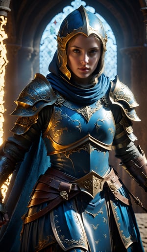 epic composition, cinematic lighting, masterpiece, a medieval girl knight, preparing for a fight, wearing hooded dark robes, and a intrincate dark armor with elaborated golden ornaments, dynamic action pose, frontal shot, medieval war background, full body portrait, dim volumetric lighting, 8k octane beautifully detailed render, extremely hyper-detailed, intricate, stunning Detailed matte painting, deep color, fantastical, intricate detail, complementary colors, fantasy concept art, 8k resolution trending on Artstation Unreal Engine 5, bioluminescent, holographic, Volumetric light, rays, blue tones,zdyna_pose