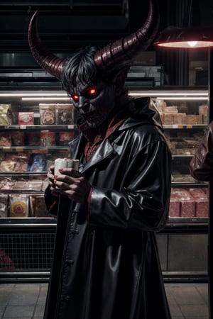 A demon with horns and reddish eyes, looking at the viewer, dressed in a dark raincoat, with a carton of milk in his hand, inside a supermarket,