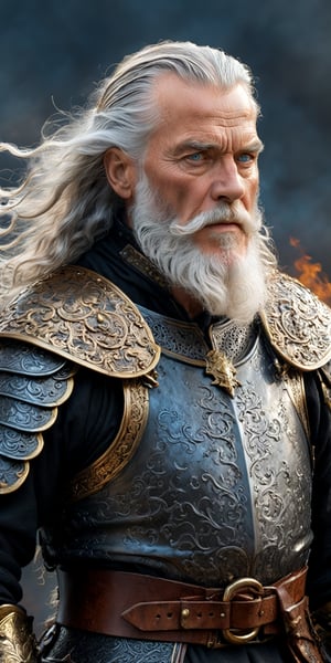 Generate hiper realistic half body portrait of a 60 year old man, wearing a very tight intricately detailed dark iron armor adorned with golden filigree, over a black clothes, With a large leather belt with a medieval sword sheathed, , standing, long white hair blowing by wind, light blue eyes, with a thick white beard, a serene look and gesture, hyper detailed, captured from a full height rear view , digital photography, Canon R5 85 mm f8 lens, 64k, UHD, HDR (high quality), ((Dark fantasy image)), photorealistic, vibrant and ultra-detailed colors. dark background,fire element,DonMW15pXL