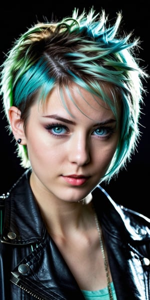 masterpiece, highly detailed (((portrait of a young girl with light blue eyes,))) Light green short hair, semi punk eighties hairstyle, sweet and shy expression, little smile, frontal view, wearing a black leather short jacket umbottoned, cozy lighting, very dark background, unusual composition, use of negative space, spectral, half body, detailed eyes, detailed mouth,LegendDarkFantasy, action shot