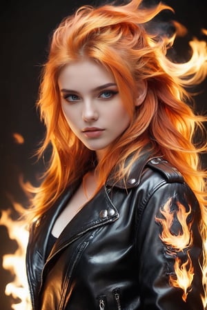 masterpiece, highly detailed full body image of a teen girl with light gray eyes, Light orange long hair, punk hairstyle, sweet and shy expression, lttle evil smile, ((wearing a black leather jacket umbottoned and open with moving over her nude body,)) cozy lighting, very dark background, portrait, unusual composition, use of negative space, spectral, full body, detailed eyes, detailed mouth,LegendDarkFantasy,fire element,DonMF1r3XL