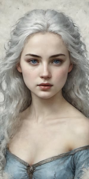 (1cute 20 years old girl), focus in body, front view, looking at viewer, very long white curly hair blowing in the wind, some strands on her face, light blue eyes, serene face and gaze, wearing a armor and winter fur cape. White skin, White skin, snowy mountains and stormy gray sky background, splash art, eye_detail, background_detail, face_detail, hair_detail, more_detail, add_detail, adddetailed, cute_face, ,ink ,on parchment,charcoal drawing,halsman