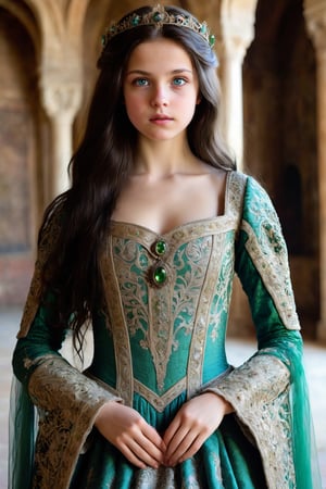 full body shot. An ultra real full body photo of an 21 year old woman, green eyes. Long dark hair. Wearing an elaborate and highly intrincate detailed dress with a wide neckline, In medieval palace, ultra close macro details, ultra contrast, ultra decoration. Intricate details of her beautiful eyes and her perfect face. very beautiful girl. ,itacstl