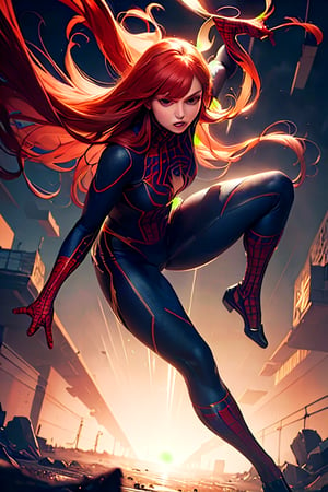 (best quality, masterpiece, colorful, dynamic angle, highest detailed)upper body photo, fashion photography of a cute  full body photo, fashion photography of cute, intense red long hair, Mary Jane in spiderman cosplay, in fighting pose,  (intricate details, hyperdetailed:1.15), detailed, light passing through hair, (official art, extreme detailed, highest detailed),