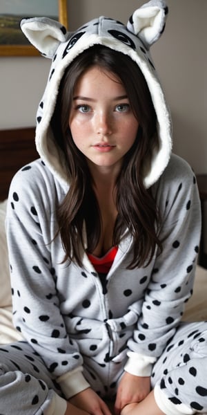 dark hair,  gray eyes,  freckles, a 20 years old girl, onesie pajama,  short pants, open coat, sitting in a bedroom animal hood,
