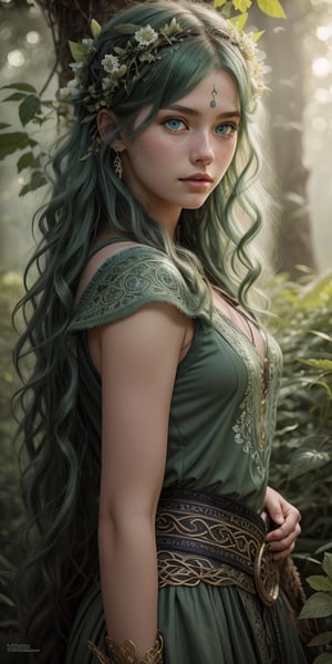 Generate hyper realistic image of a beautiful  celtic girl looking directly at the viewer. green long curly hair ,light blue eyes, Sweet face and gaze, in a green forest background, (intricate details), highly detailed, vibrant, production film, ultra high quality photography style, Extremely Realistic,