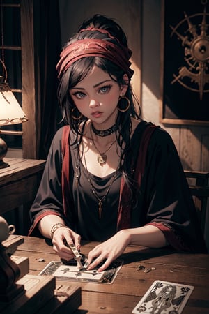 Selena Gomez as a gypsy voodoo witch, New Orleans setting, night, wearing a bandana in her hair, beaded bone necklaces, sitting at a small table, tarot cards on the wooden table, semi-dark room, highly detailed, high resolution, masterpiece, realistic