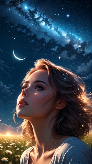 high quality, 8K Ultra HD, ultra-realistic, high detailed, very detailed starry sky, detailed illustration of a beautiful woman looking up at the starry sky in a meadow, Moon, shooting star, Greg Rutkowski, Artgerm, WLOP, Alphonse Beeple, luminism, 3d render, octane render, cinematic, Isometric, by yukisakura, awesome full color,