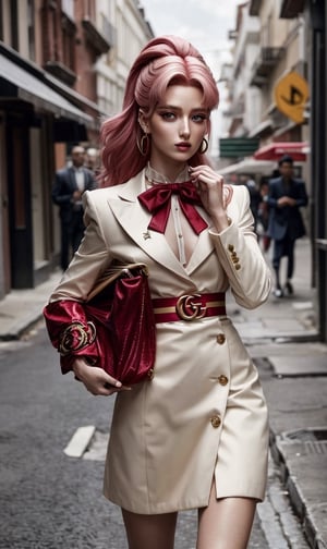 [VOGUE] magazine photo mockup of woman wearing [gucci] clothes on street and sailor moon hair, cute, beautiful face, anime by Cochart Krentz and Gillard James, power expression 4k, 8k, HDR, popular on artstation, Behance,