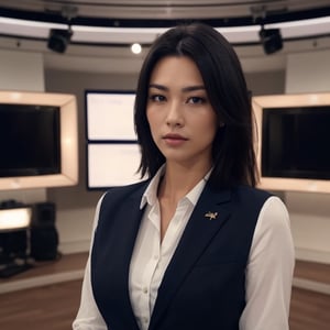 Masterpiece, Woman 1, scene of a beautiful TV presenter standing in front of the viewer, wearing an elegant suit, realistic, HD, 4K, serious look, present in a news studio, close-up, white shirt, black hair, brunette skin