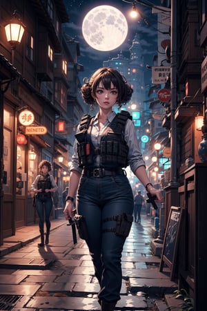 Beautiful and cute plump young woman standing on the empty cobblestone street in the full moon night, curly hairstyle, wearing bulletproof vest and military pants, holding a samurai sword, neon light, blurry, hazy, depth of field, bokeh, cinematic, masterpiece, best quality  , high resolution, night scene, fight,