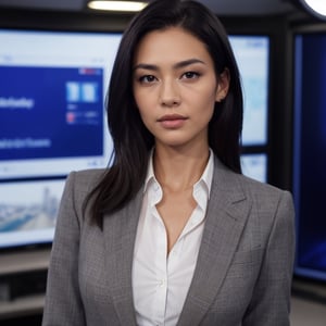 Masterpiece, Woman 1, scene of a beautiful TV presenter standing in front of the viewer, wearing an elegant suit, realistic, HD, 4K, serious look, present in a news studio, close-up, white shirt, black hair, brunette skin