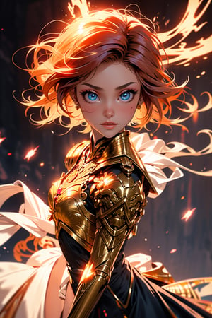 Masterpiece, Best Quality, Photo Realistic, Basic Portrait, (Single Girl, Looking at Viewer), ((Short Hair)), Front View, Traditional Gold Armor, Intricate Armor, Delicate Gold Filigree, Intricate Filigree, Gold Hardware,  Detailed part, dynamic mode, detailed background, dynamic lighting, long red hair, blue eyes, dragon background, sunrise, fire dragon armor, fighting mode, has super powers, perfect, she is holding ball lightning in her hands