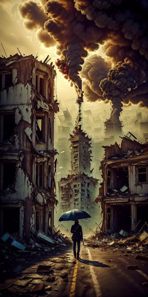 (8k uhd, masterpiece, best quality, high quality, absurdres, ultra-detailed, detailed background, centralized, aesthetic, cinematic), image of (((a broken umbrella))), lay on an (((empty and broken street))), of a destroyed city, of a war-torned country. Debris, smokes, fire. Post-war atmosphere, eerie, deafening silence. (((Focus on the damages umbrella))), dynamic lighting, dramatic angle, ,fantasy00d,worldoffire,photorealistic