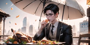 Masterpiece, best quality, absurdres, hyper-realistic, perfectly Detailed, 8k, image of a handsome young man, 19yo, 1boy, short_hair, black_hair, stubble, glasses, symmetrical_eyes, eating a (((Thanksgiving's turkey))) on a rooftop of a building. He is eating alone happily, under a big bright-colored parasols. Picnic on a rooftop. Clear sky, sunnyday, happy occasion, Thanksgiving. Color graded, cinematic poster.,photorealistic,perfect,1 girl