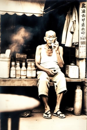 Aesthetic image of a lanky, bald, old man, sitting in front of a food stall while smoking, wearing a worn-off white tanktop, a black shortpants, glasses, and a straw_sandal. ,photorealistic,ChineseWatercolorPainting,artistic oil painting stick,japanese art