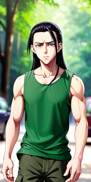 (8k uhd, masterpiece, best quality, high quality, absurdres, ultra-detailed, detailed background, centralized, full-body portrait), Illumi Zoldyck from HubterXHunter manga series, handsome (((1boy))), 28yo, (((clean shaved-face))), very_long_hair, black_hair, super-straight hair, (((toned_male))), slim, tall, (large eyes, black iris, no_eyebrows), cold gaze,. Wearing a green sleeveless shirt, and a cargo pants. | Cold, ruthless, insane, aloof personality. |. Random background, daytime, dynamic lighting, bokeh, depth_of_field, perfect shading, anatomically_correct.,realistic