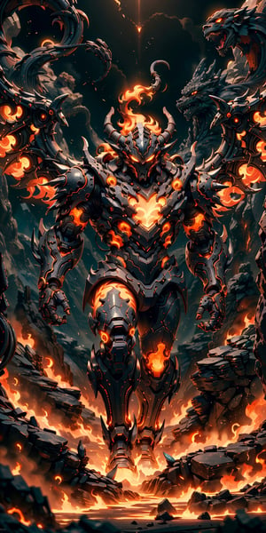 (8k uhd, masterpiece, best quality, high quality, absurdres, ultra-detailed, detailed background, centralized, full-body portrait), humanoids creature, (((sole_male))), rocky skin, lava veins and arteries, spiky rocky head, tall, 3 meters in height. Earth elemental as a reference. Add some lava. (((Feral, savage, strong, menacing))). Rocky mountain background, dynamic lighting, intricate details, anatomically_correct, proportional_body-ratio, 
 cinematic.,(FlamePrincess),worldoffire, ,blessedtech,insertNameHere, created by nyun.