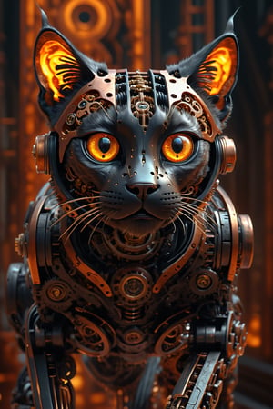 Masterpiece, best quality, absurdres, 8k, perfectly_detailed, hyper_realistic, wide_angle, image of a (((mechanical))) black-colored lynx cat, walking gracefully. Intricate_details, complex mechanical parts, intricate steampunk design, the bond between the biological parts and the mechanical parts are done seamlessly and beautifully, 3d render. Bokeh, anatomically_correct, cinematic.,girl,DonMCyb3rN3cr0XL ,HellAI,fire