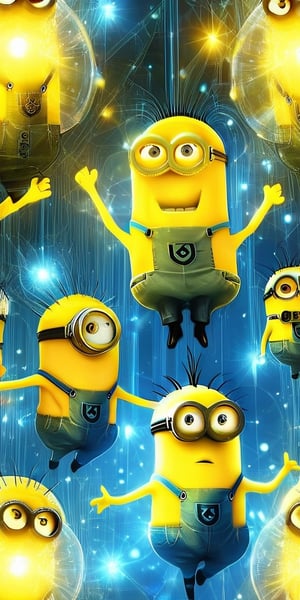 Ultra detailed illustration of the silhouette of Minions of Despicable Me, phantasmagorical figure, (((translucent skin:1.5))), (((translucent body:1.5))), Yellow (and) Blue lights, light particles, colorful, cmyk colors, backlit,  neon photography style.,DonMM4g1cXL 