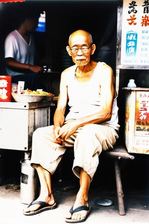 Aesthetic image of a lanky, bald, old man, sitting in front of a food stall while smoking, wearing a worn-off white tanktop, a black shortpants, glasses, and a straw_sandal. ,photorealistic,ChineseWatercolorPainting,artistic oil painting stick,japanese art
