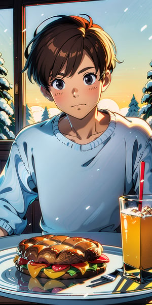 (8k uhd, masterpiece, best quality, high quality, absurdres, ultra-detailed, detailed background), (((1boy))), looking at viewer, portrait, black hair, short hair, straight hair, (toned male), grey eyes, upper body, casual clothes, ((breakfast)), complex, sunrise backlight from the window, warm, (((snowy background))).,sticker design. 