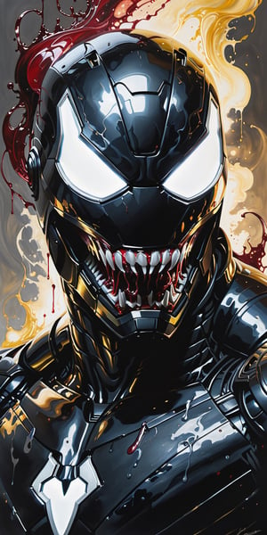 (((Waist-up portrait))), photorealistic of thrilling fusion between (((Ironman))) and (((Venom))) complete with his signature look of Venom's black slime tentacles, wide open mouth with rows of sharp teeth, glowing white eye's visor of the ironman's suit, the glowing Arc Reactor on his chest , resulting in a new character that embodies elements of both, people, seeBlack ink flow: 8k resolution photorealistic masterpiece: by Aaron Horkey and Jeremy Mann: intricately detailed fluid gouache painting: by Jean Baptiste Mongue: calligraphy: acrylic: colorful watercolor art, cinematic lighting, maximalist photoillustration: by marton bobzert: 8k resolution concept art intricately detailed, complex, elegant, expansive, fantastical, psychedelic realism, dripping paint