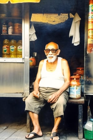 Aesthetic image of a lanky, bald, old man, sitting in front of a food stall while smoking, wearing a worn-off white tanktop, a black shortpants, glasses, and a straw_sandal. ,photorealistic,ChineseWatercolorPainting,artistic oil painting stick