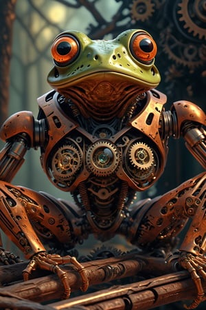 Masterpiece, best quality, absurdres, 8k, perfectly_detailed, hyper_realistic, wide_angle, 
Waist-high, image of a (((mechanical))) frog, sitting at the top of the dead branch. Intricate_details, mechanical parts, gears and clockwork, 3d render. Bokeh, anatomically_correct, cinematic.,girl,DonMCyb3rN3cr0XL ,HellAI