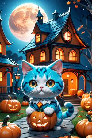 ,score_9, score_8_up, score_8,score_7_up,(Cute cube blue fury cat phantom costume), pose, (haunted house background), (playing with PUMPKIN), (beautiful full moon:),(Halloween decorations),3D app icon, clean isometric design, beautiful design, soft gradient background, soft colors, centered, 3D blender render, masterpiece, best quality, high resolution, 8k octane render, beautiful color scheme, soft smooth lighting, physically based rendering, square image, high polycount, natural beauty, whimsical 