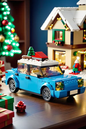 A whimsical scene of a Lego model of a car, placed neatly on top of a table. The car is meticulously crafted with various Lego pieces, depicting its intricate design and attention to detail. In the background, the Christmas atmosphere is evident with a colorful Christmas tree adorned with ornaments and lights, as well as a beautifully wrapped gift box sitting on a nearby shelf. The room is well-lit, adding to the festive ambience. The Lego car sits proudly on the table, surrounded by various Lego building blocks and instructions, hinting at the hours of creativity and fun that went into its construction. The holiday spirit is further emphasized by a small, lit-up snow globe on the table, depicting a winter wonderland scene, complete with a snow-covered village and trees. The image captures the essence of the joy and creativity that comes with the holiday season, as well as the satisfaction of building and creating something unique., cinematic shot, dynamic lighting, 75mm, Technicolor, Panavision, cinemascope, sharp focus, fine details, 8k, HDR, realism, realistic, key visual, film still, superb cinematic color grading, depth of field, natural beauty,LEGO MiniFig