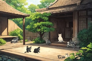 A captivating illustration depicting (((a mother cat and her kittens))) on a balcony, absorbing the tranquil beauty of a Zen garden, ((animal)), The setting exudes an aura of peace and harmony, with carefully manicured plants and meticulously arranged stones. The cat and kittens are portrayed in an utterly endearing manner, their playful interactions captured with an imaginative flair. The artwork should embody a fusion of realism and artistic interpretation, with vivid colors and textures that pop. Ensure it adheres to the golden ratio, and infuse it with hyper details and hyper resolution to craft a true masterpiece,