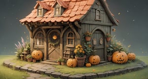 a house sitting on top of a lush green field, by Akihiko Yoshida, Halloween decorations, pumpkins, cg society contest winner, naive art, cottagecore flower garden, rows of lush crops, beautiful detailed miniature, cottagecore!! fitness body, beautiful english countryside, abundant fruition seeds, beautiful wallpaper, extremely high detailed, super detailed picture, farm, cute style garden,isometric