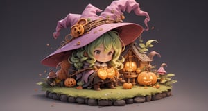 ((a witch:1.4)) making soup using cloudron in front of a house sitting on top of a lush green field, by Akihiko Yoshida, Halloween decorations, pumpkins, cloudron, hanging herbs, cg society contest winner, naive art, cottagecore flower garden, rows of lush crops, beautiful detailed miniature, cottagecore!! fitness body, beautiful english countryside, abundant fruition seeds, beautiful wallpaper, extremely high detailed, super detailed picture, farm, cute style garden,isometric,better witch,witch, witch hat