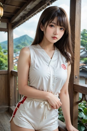 Charming Japanese woman, Japanese idols, more_than_one_pose, 😍, 😉, 🥰, (front bangs hair:1.4), spooning, in balcony, adorable, wearing tight body suit, curvy, (beautiful tight shorts),Weaving details, upper body shot, intricate details, chaos realistic background, (Japanese details:1.4), (ancient Japanese themes:1.4), focus, Bokeh, masterpiece, hyper details, ,score_9, score_8_up, score_8,,score_7_up,Extremely Realistic