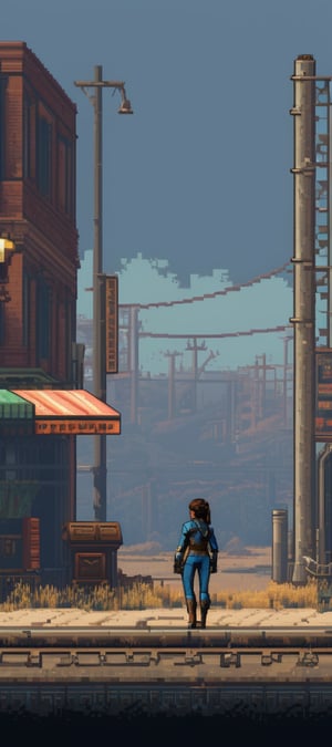 "Pixel perfection in Fallout style: A serene scene of a girl in Fallout 4's universe, Pixel art magic at 32K resolution, Every detail pixelated with care, Recreating the Fallout 4 atmosphere and charm, A pixel art treasure for your wallpaper."
