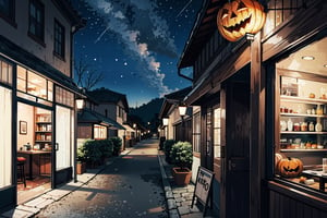 ((A lonecsmall cafe with its own sign in the doorway saying it is open near crossing)), traffic, river, ((night)), ((beautiful sky full star)), ((theme 70s)), ((Halloween decorations)), Narashige Koide, Urban, Decopunk, Japanese Horror, tilt shift photo, hyper realistic, digital rendering, arts and crafts movement, pinterest, oishii-oshiri-cafe, complex_background, 