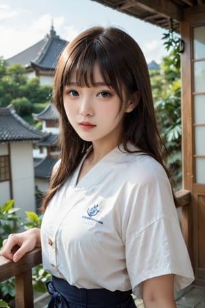 Charming Japanese woman, Japanese idols, more_than_one_pose, 😍, 😉, 🥰, (front bangs hair:1.4), spooning, in balcony, adorable, wearing tight body suit, curvy, (beautiful tight shorts),Weaving details, upper body shot, intricate details, chaos realistic background, (Japanese details:1.4), (ancient Japanese themes:1.4), focus, Bokeh, masterpiece, hyper details, ,score_9, score_8_up, score_8,,score_7_up,Extremely Realistic