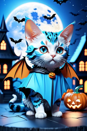 (Cute cube blue fury cat wearing bat costume:1.3), (haunted house background:1.4), bat wings, (beautiful full moon:1.4),(Halloween decorations:1.4),(3D app icon, clean isometric design, beautiful design, soft gradient background, soft colors, centered, 3D blender render, masterpiece, best quality, high resolution, 8k octane render, beautiful color scheme, soft smooth lighting, physically based rendering, square image, high polycount, natural beauty),