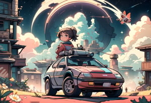 "Imagine this: A whimsical vision of an adorable girl striking a pose sitting on inside a (flying car) amidst a celestial sky, Artistic innovation inspired by @CuteDreamscapes and '(Back to the Future),' Lens: Fish-eye for a playful perspective, Colors as vibrant as a 90s pop song, Ambient lighting that bathes the scene in magic, Every line and hue intricately designed, From her lack of pants to the striking red jacket, A town below and a starlit sky above, A portal to a world where the lines between reality and dreams blur."

