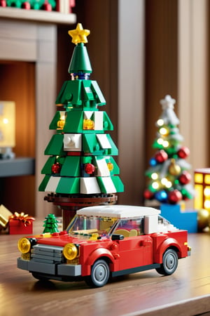 A whimsical scene of a Lego model of a car, placed neatly on top of a table. The car is meticulously crafted with various Lego pieces, depicting its intricate design and attention to detail. In the background, the Christmas atmosphere is evident with a colorful Christmas tree adorned with ornaments and lights, as well as a beautifully wrapped gift box sitting on a nearby shelf. The room is well-lit, adding to the festive ambience. The Lego car sits proudly on the table, surrounded by various Lego building blocks and instructions, hinting at the hours of creativity and fun that went into its construction. The holiday spirit is further emphasized by a small, lit-up snow globe on the table, depicting a winter wonderland scene, complete with a snow-covered village and trees. The image captures the essence of the joy and creativity that comes with the holiday season, as well as the satisfaction of building and creating something unique., cinematic shot, dynamic lighting, 75mm, Technicolor, Panavision, cinemascope, sharp focus, fine details, 8k, HDR, realism, realistic, key visual, film still, superb cinematic color grading, depth of field, natural beauty,LEGO MiniFig