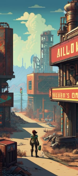 "Pixel art wonder from Fallout 4: A captivating depiction of a brother hood of steel girl taking in the post-apocalyptic world's view, Pixel art mastery with 32K resolution, Each pixel telling a story of the Fallout 4 universe, Immersing viewers in the game's ambience and intricacies, A pixelated journey into the wastelands."
