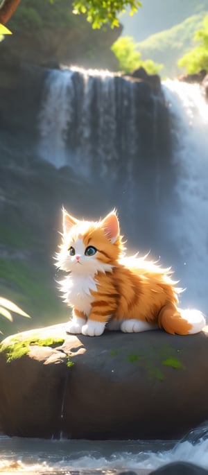 a kittens is sitting on a large rock in front of a waterfall and looking at the waterfalls, samikshavad, pinterest, Landscape, pexels, Adventure fantasy, Lost world, rayasi, picture, jigsaw puzzle, instagram, Sheela Gowda, simaura, stock photo, hurufiyya, ramanda, Tunga, screenshot, tumblr, digital rendering, Diagrammatic, Romantic fantasy, Xianxia, Ramkinkar Baij, unsplash, Figurative, sumatraism, Life, Fabulation, priysantheme, Photorealism, N. S. Harsha, nurugai, regionalism, naturalism, Deng Shiru,Xxmix_Catecat