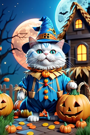 (Cute chubby blue fury cat wearing SCARECROW costume:1.3), (haunted house background:1.4), (beautiful full moon),(Halloween decorations), (ghost), (candy), (3D app icon, clean isometric design, beautiful design, soft gradient background, soft colors, centered, 3D blender render, masterpiece, best quality, high resolution, 8k octane render, beautiful color scheme, soft smooth lighting, physically based rendering, square image, high polycount, natural beauty)