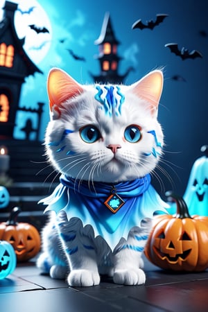 (Cute cube blue fury cat wearing ghosts costume:1.3), (haunted house background:1.4), (Halloween decorations:1.4), (HALLOWEEN2024 text:1.4), 3D app icon, clean isometric design, beautiful design, soft gradient background, soft colors, centered, 3D blender render, masterpiece, best quality, high resolution, 8k octane render, beautiful color scheme, soft smooth lighting, physically based rendering, square image, high polycount, natural beauty