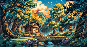 a stream running through a lush green forest, a picture, inspired by Sesshū Tōyō, unsplash, sōsaku hanga, beautiful house on a forest path, evening ambience, sparkling in the flowing creek, ❤🌪, soft evening lighting, sake, taken in 2022, 👁🌹👾,Pixel art,(best quality,3d