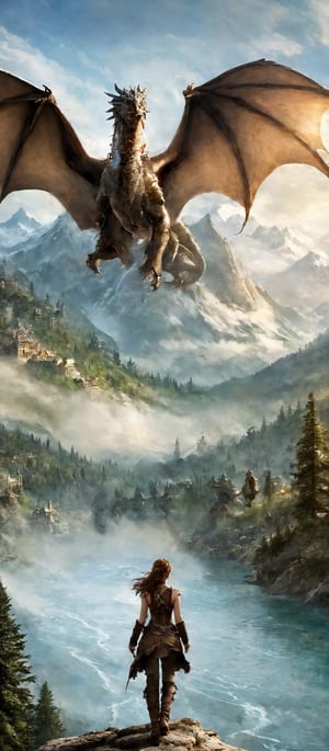 Creating a cool phone wallpaper: A stunning woman embarking on an epic adventure, A village, a lake, a forest, and a mountainous terrain, The sky adorned with a flying dragon, Inspired by the game Skyrim's fantasy world,Movie Still,steampunk style,EpicSky,6000