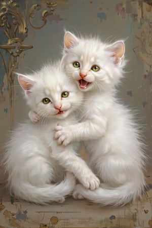  (white kittens), (happy), (oil painting), (chubby cheeks), (green eyes), (playful), (whiskers), (fluffy fur), (cuddled together), (soft lighting), (antique frame), (random patterns), (masterpiece), (dynamic lighting), (8k), (high resolution), (best quality), (natural beauty), (sharp), (very detailed), (realism), (realistic), (detailed anatomy),score_9, score_8_up, score_8,score_7_up,source_real, 