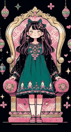 A kawaii lady, adorned with pastel pink accessories and a subtle gothic flair, sits elegantly on a velvet-covered throne. Soft, pink casts a warm glow, highlighting intricate on her pink black dress, while dark.,cartoon,green theme